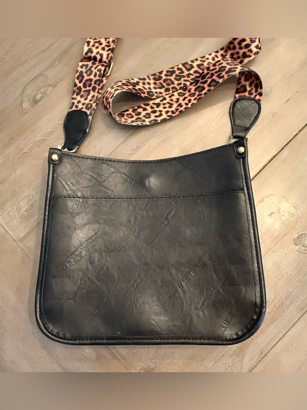 Black Crossbody Shoulder Bag with Leopard Print Strap